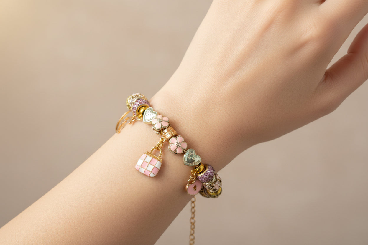 Pink Charm bracelet on a ladys wrist.