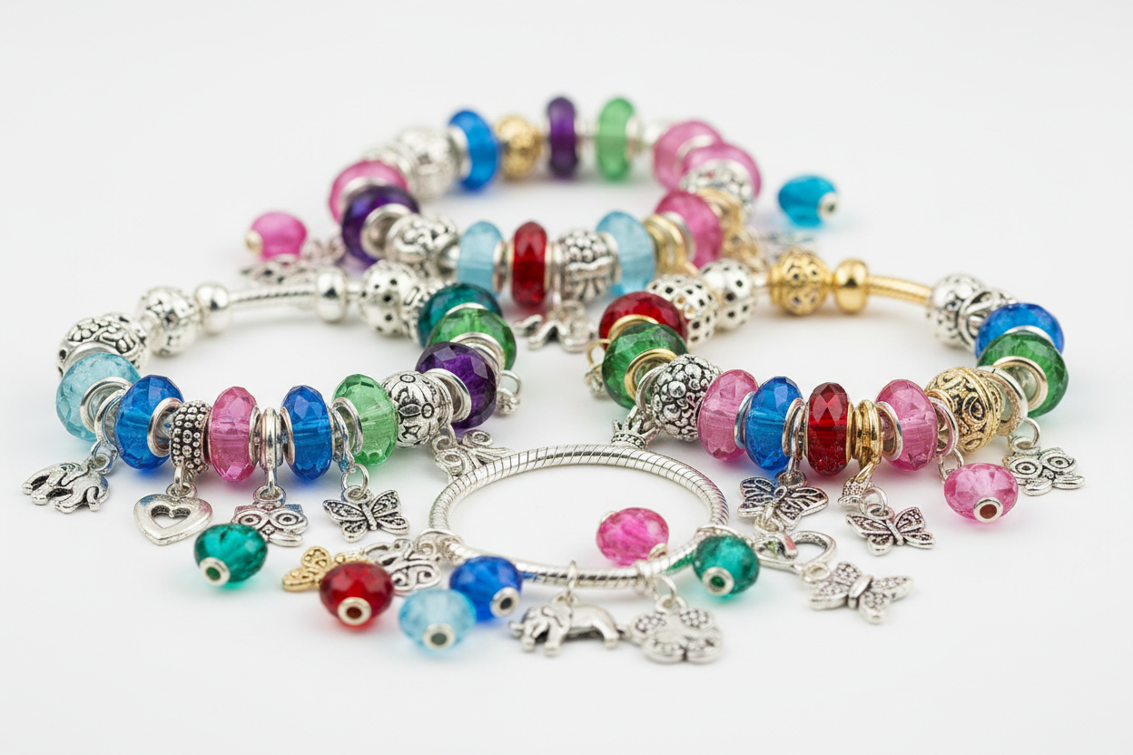 Snake chain charm bracelets with euro charms and beads