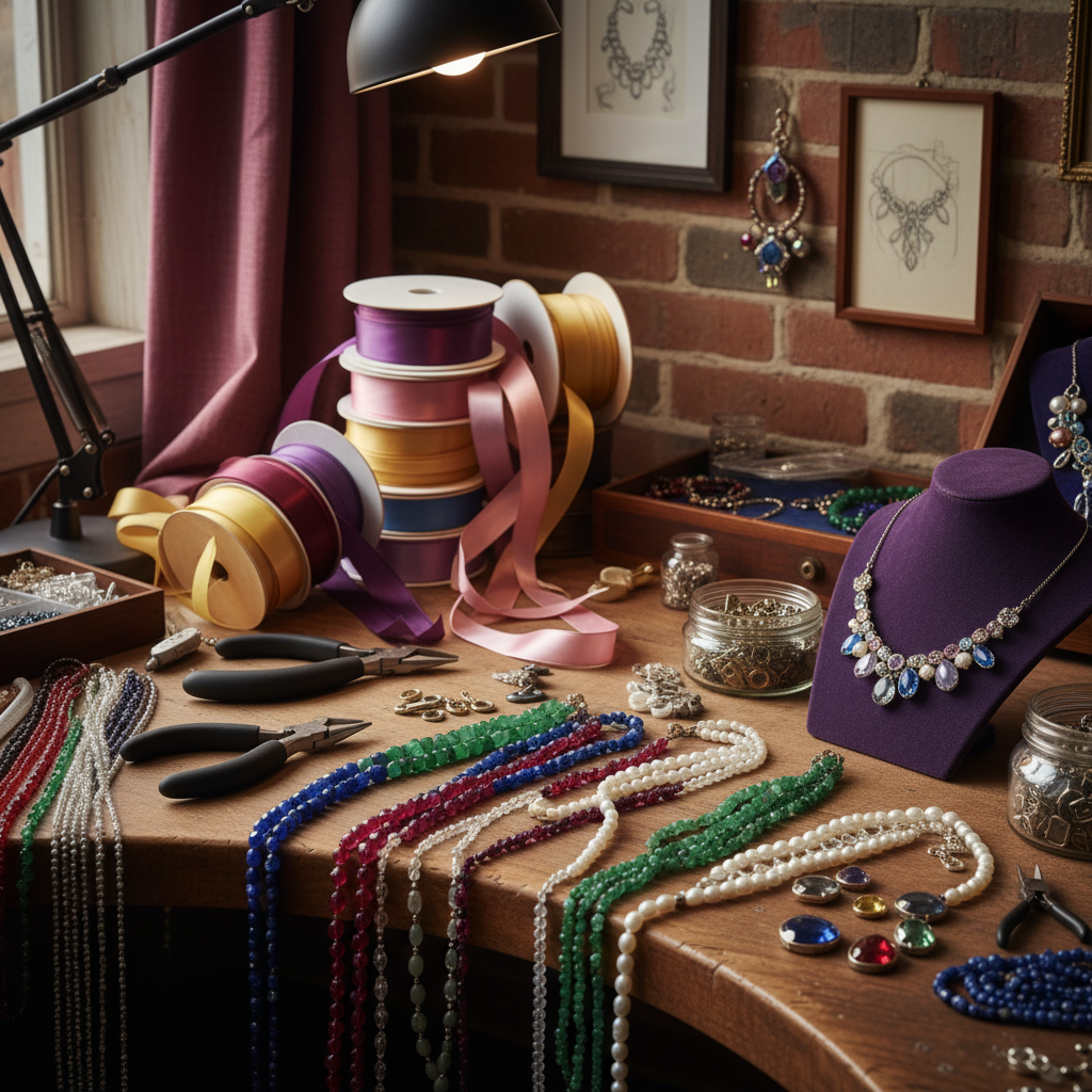 Vibrant jewelry workspace with colorful beads and ribbon